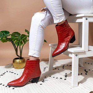 Pointed Toe Embossed Crocodile Booties - Brick Red